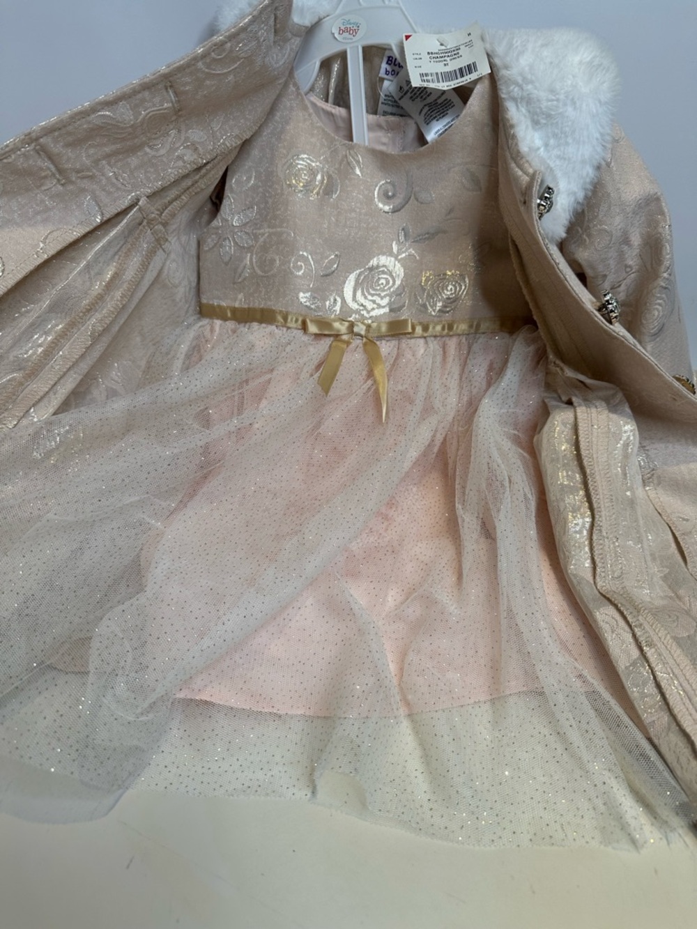 Blueberi Boulevard Girls Cream Floral Glitter Coat with Faux Fur Collar